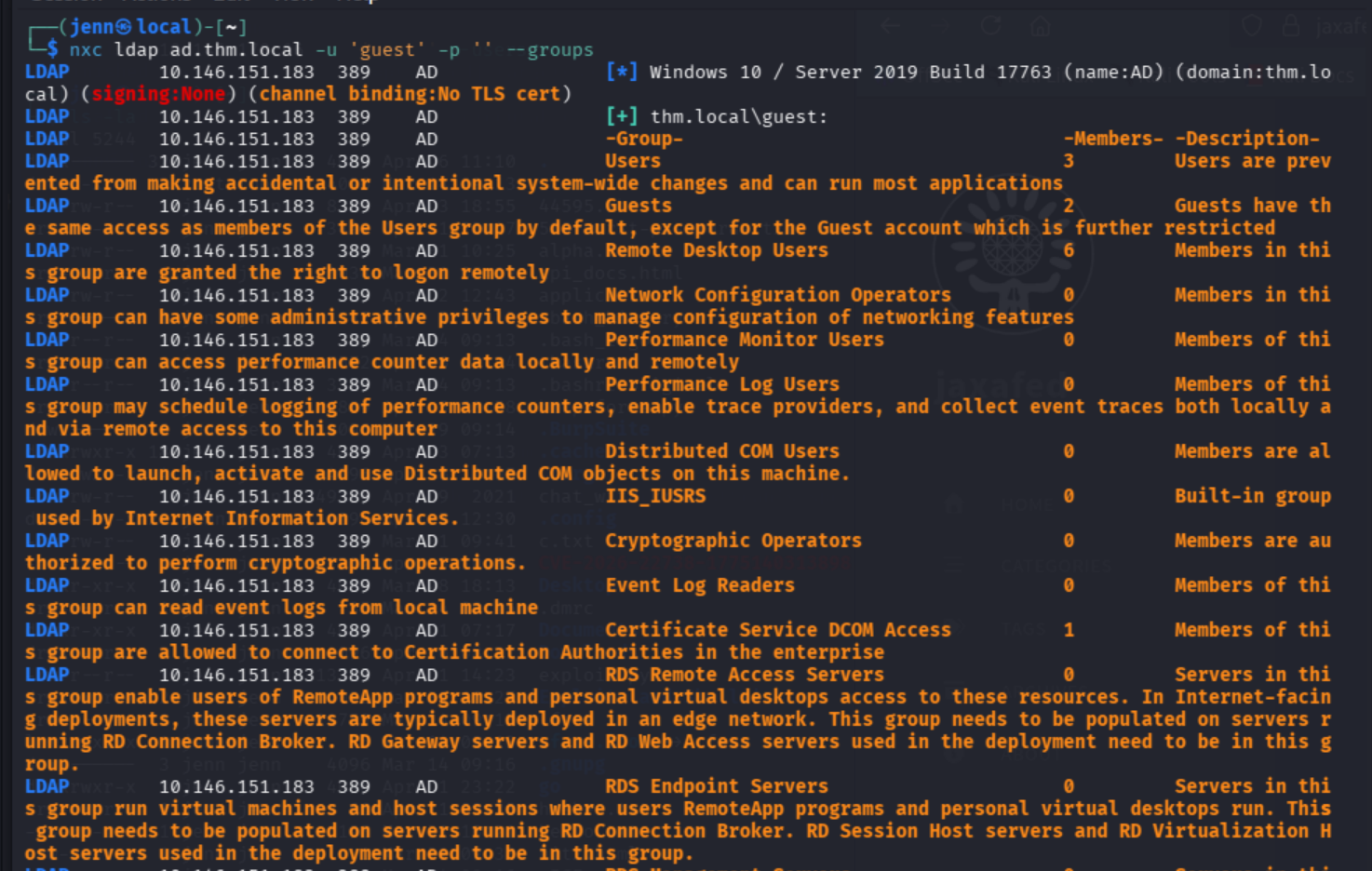 LDAP group enumeration — Remote Desktop Users 6 members, Remote Management Users 3 members